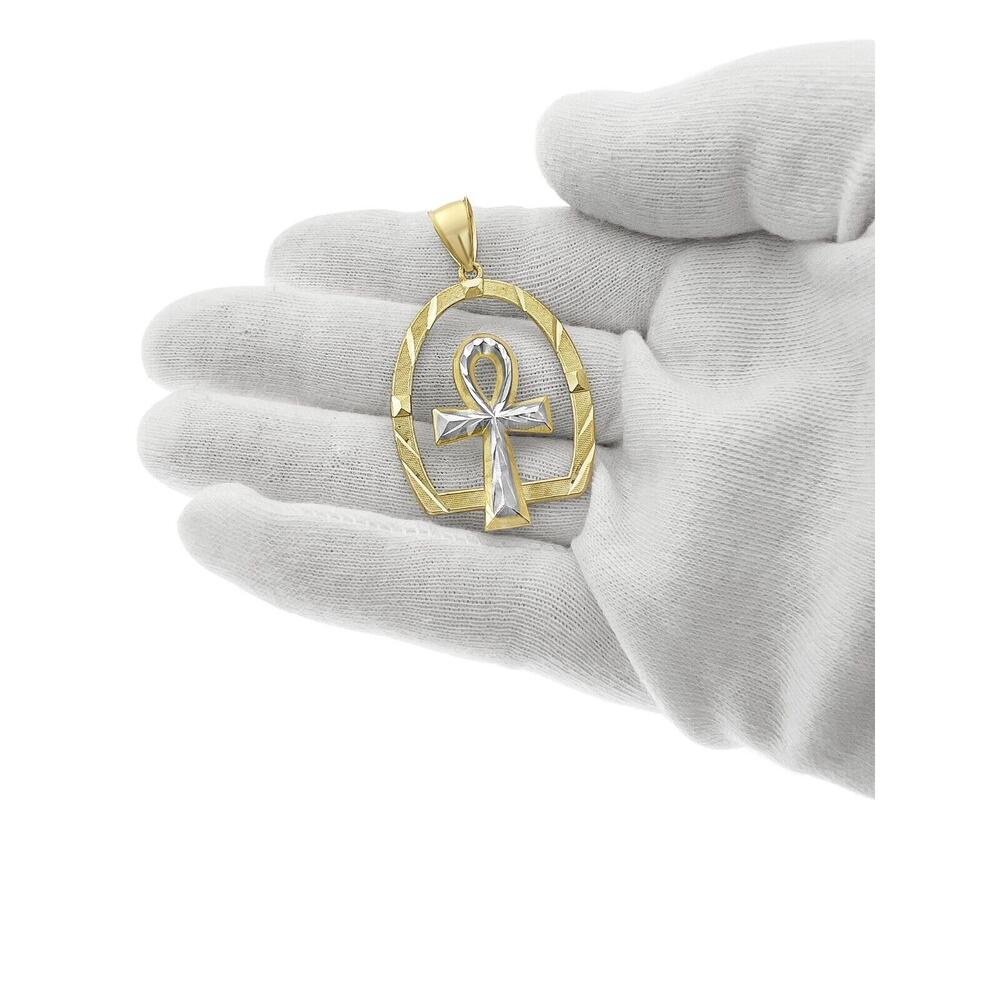 Egyptian Ankh Cross Pendant 10k Yellow Gold Mens Charm 2 inch
